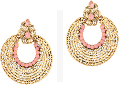 Dreamish Imitation Gold Plated Golden Kundan Studded Meenakari Touch Beads Drop Chandbali Earrings Cubic Zirconia Alloy, Brass Chandbali Earring