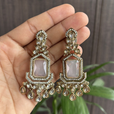 TaranaJewelry Interchangeable Stone Gold-Plated Kundan Drop Earrings Alloy Chandbali Earring