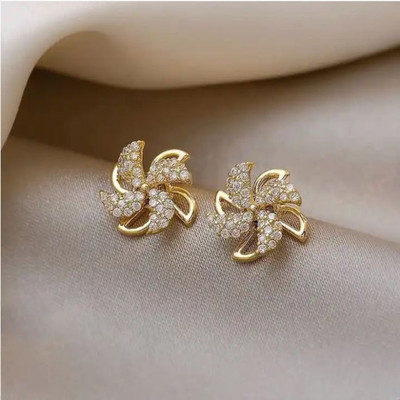 TheVineGirl Korean Studded Windmill Rotating Gold-Plated Stud Earrings For Women And Girls Cubic Zirconia Alloy Stud Earring