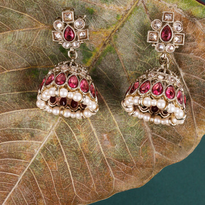 Saloni Fashion Jewellery Oval Shape Pink Kundan Stone Antique Gold Plated Jhumki Earring For Women Cubic Zirconia Alloy Jhumki Earring