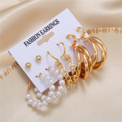 TVI Combo of 6 Pair Golden Stud And Chain Pearl Triple Hoop Earrings For Women Pearl Alloy Hoop Earring