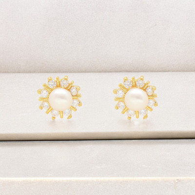Sri Jagdamba Pearls Classic Pearl Stud Earrings Cubic Zirconia Stone Stud Earring