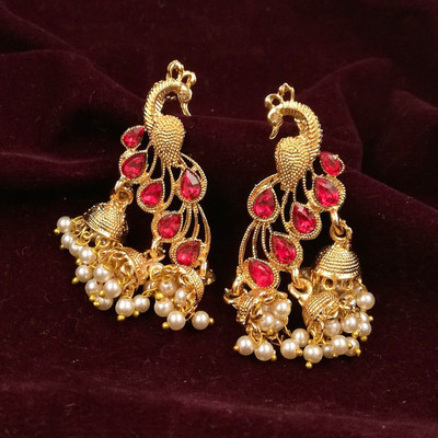 Saizen Red Stone Peacock Earring Wedding & Party With Pearl Jhumki for Women and Girls Alloy Drops & Danglers