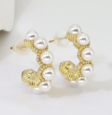 VIJ collection C_shaped_pearl_design_stud Pearl Brass Stud Earring