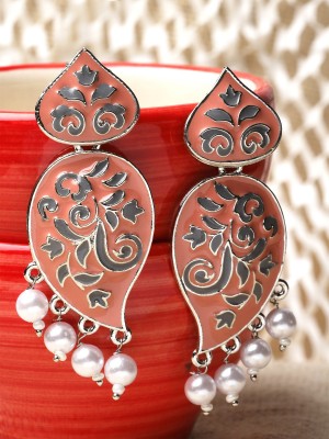 Karatcart Silver Plated Peach and Grey Meena Drop Earrings for Women Alloy Drops & Danglers