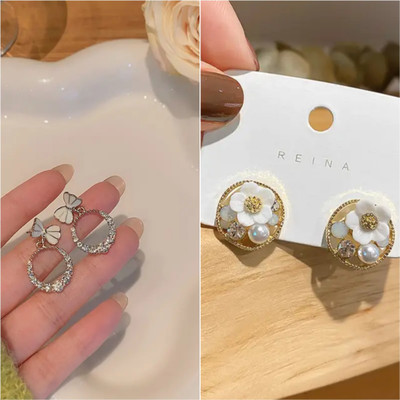 IEEP Korean Earrings Combo for Girls | Pack of 2 Floral Studs & Butterfly Hoops Crystal Alloy Stud Earring
