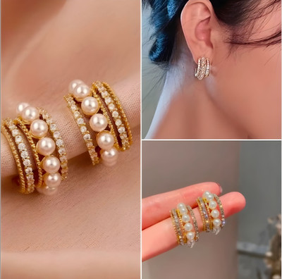MoonLightBeauty Elegant Pearl and Crystal Gold-Plated Hoop Earrings Pearl Alloy Hoop Earring