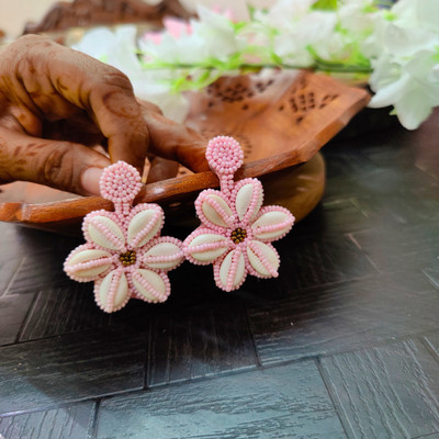MASHBA Shell Beaded Flower Shape Pink Color Drop Earrings For Women And Girls Beads Fabric Drops & Danglers