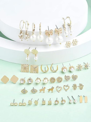 Vembley Stylish 25 Pair Gold Plated Pearl and Stud Earring Combo Set Pearl Alloy Stud Earring