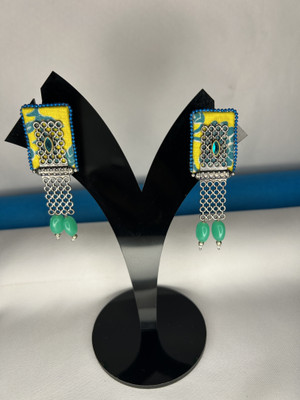 LAVANYA LUXURY GS SILVER STONESTUDDED FABRIC EARRINGS Wood, German Silver, Fabric, Crystal Drops & Danglers