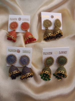 Avoroni Traditional Multi Color Studded Jhumka Earrings for Women & Girls ( Set of 4 ) Brass, Alloy Jhumki Earring