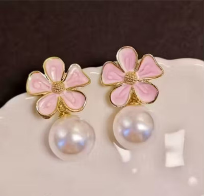 LBTK Pink enamel petal flower pearl stud earrings Cubic Zirconia Alloy Stud Earring, Drops & Danglers