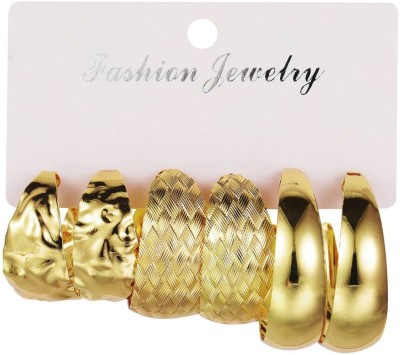 Oomph Combo of 3 Chunky Retro Textured Gold Tone Party-Wear Hoop Earrings Beads, Crystal Alloy Hoop Earring