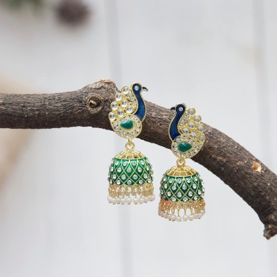 Kaima Traditional Meenkari Kundan Peacock Design Earrings Jhumki Beads Alloy Jhumki Earring