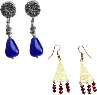 ESTAVITO Handmade Designer Earrings Glass Bead stone BLUE RED 2pairs Brass Clip-on Earring