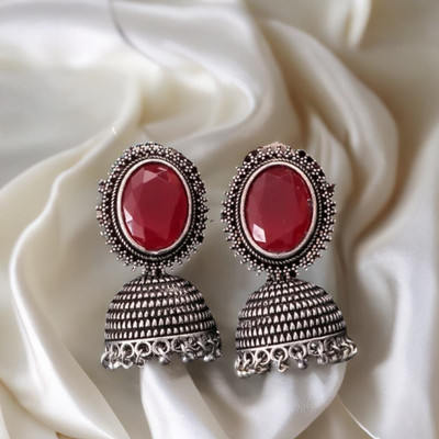 University Trendz Oxidised Silver Red Stone Jhumki Earrings Alloy Jhumki Earring