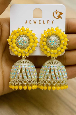 pas Unique yellow Beaded Stone Jhumka Earrings for girls & women for party wear Crystal, Beads Alloy Stud Earring, Plug Earring, Jhumki Earring, Earring Set, Drops & Danglers