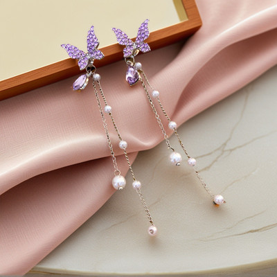 ANOUK Purple Earrings for women korean long earing girl Moti Ear Ring stylish Western Pearl, Diamond Alloy, Metal, Stainless Steel, Stone Drops & Danglers, Earring Set