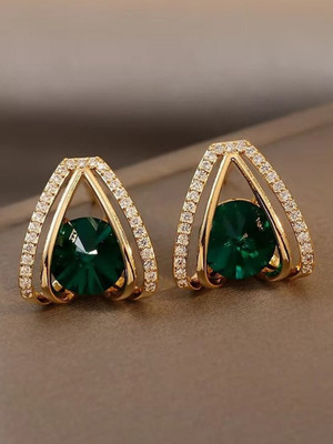 Tiso Stylish Gold Plated Emerald Stone for Women and Girls Light weight Crystal, Cubic Zirconia, Pearl Alloy, Brass, Stone Stud Earring