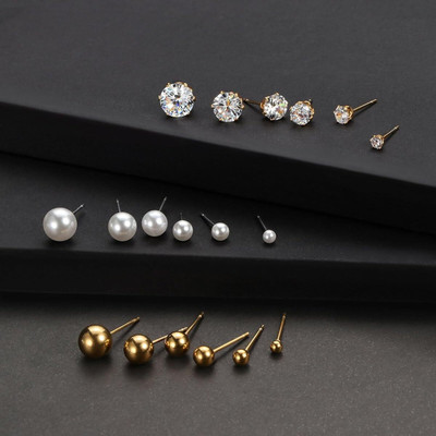 Bawree 18 Pair Gold & Silver Plated Stainless Steel Earrings Pearl, Ball & CZ Studs Crystal Metal Stud Earring