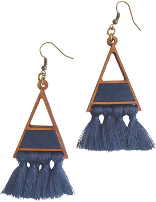 Whe Blue Triangle Upcycled Fabric and Repurposed Wood Earring with Tassels Wood Ear Thread