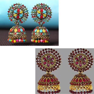 Fashion Theme Trendy Jhumka Earring (Maroon & Multicolor) Combo Pack of 2 Earring Crystal, Beads, Pearl Alloy Earring Set