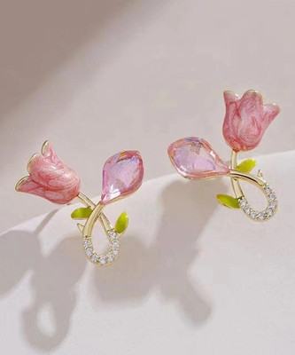 Aylana NIO JEWELS Cross Pink Tulip Enamel Korean Stud Earrings Crystal Alloy, Enamel Stud Earring