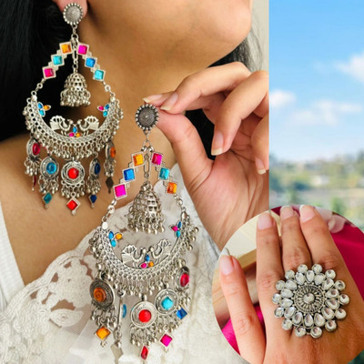 ISLANA Oxidised multi Earrings peacock for women and girls with ring Alloy Jhumki Earring