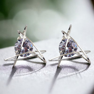 Lucky Jewellery Designer Silver Plated Sparkling Stone Triangular Stud Earring For Girls & Women Cubic Zirconia Brass Stud Earring