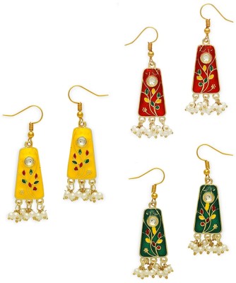 fabula Combo of 3 Meenakari Small Drop Earrings with Kundan & Pearls Beads, Crystal Alloy Drops & Danglers