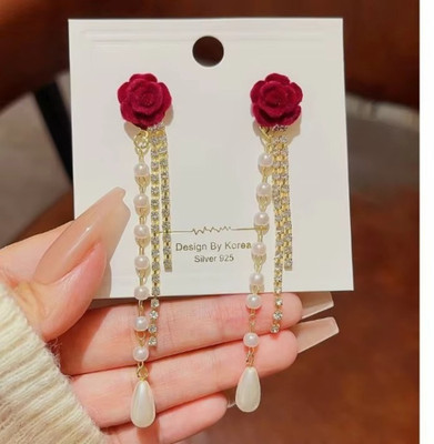 Tiso Beautiful Western Stylish Pearl Earrings Statement Drops for Women & Girls Crystal, Cubic Zirconia, Pearl Alloy, Brass, Stone Drops & Danglers, Earring Set, Hoop Earring, Rhinestone Studs, Stud Earring