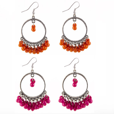 Jamleen Gallery Combo Silver Oxidize Orange & Dark Pink Earrings for Girls Alloy Drops & Danglers