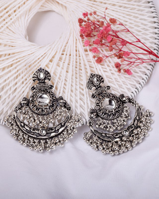 RN SHOPPING HUB Oxidized Silver-Toned Traditional Chandbali Earrings with Ghungroo & Stone Coral Alloy Chandbali Earring, Jhumki Earring, Drops & Danglers, Earring Set