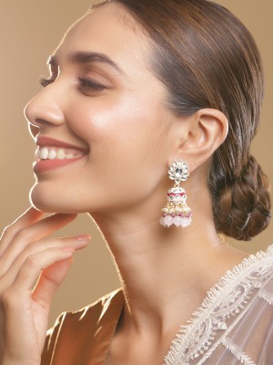 RUBANS 18KT Gold Plated Brass Red Enamel Pearls Hanging Jhumka Earrings Brass Jhumki Earring