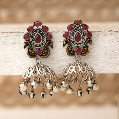Sanseeta Kusumeyura- Silver Brass Stone Studded Jhumka Earrings(Red) Zircon Brass Jhumki Earring