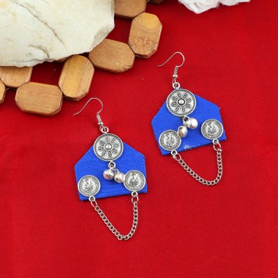 Jewelgenics Elegant Royal Blue Fabric Oxidised Metal Chain String Dangler Earrings Beads Fabric Drops & Danglers, Stud Earring