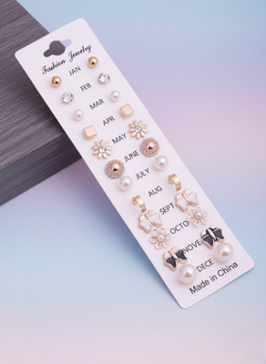 Vembley Beautiful 12 pair combo set Black,Pearl,Stone ,Silver Stud Earring Pearl Alloy Stud Earring