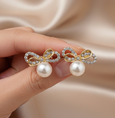 Sample Elegant Korean bow pearl stud earrings for women Alloy Stud Earring