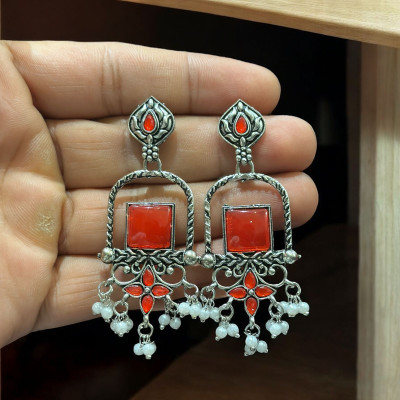 KanGen Villa Creation Oxidised Jhumka with Red Stone Pearl Alloy Drops & Danglers