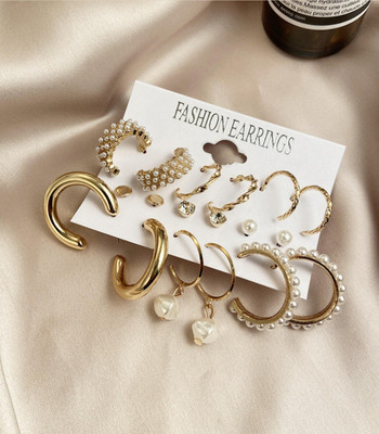 Blingate Combo 9 Pair Stunning Gold Plated Pearl Alloy Hoop Earrings for Women and Girls Alloy Hoop Earring