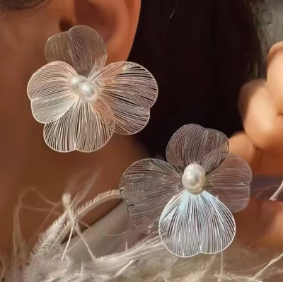 RV YUWON Korean Trendy Silver Petal Flower Earrings For Women And Girls Cubic Zirconia Alloy Stud Earring
