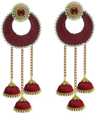 Sanj Silk Thread High Quality Base with chandbali Jhumki Earrings For Women Silk Dori Jhumka Earrings For Girls Beads Silk Dori Jhumki Earring set Beads Fabric Jhumki Earring