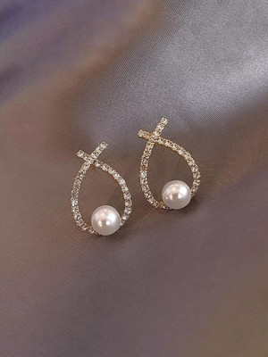 VAGHBHATT Gold Plated Cubic Zirconia & Pearl Geometric Stud Earrings Enamel Hoop Earring