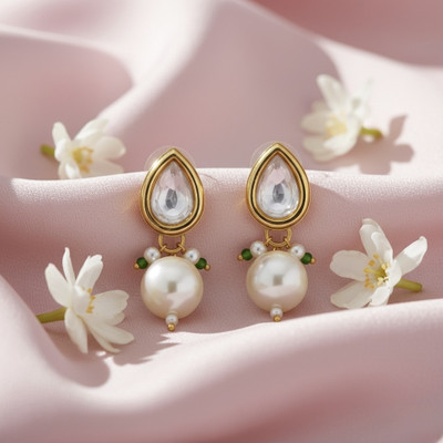 SHI Jewellery Kundan Gold Plated Pear Shape Pearl Drop Stud Earrings for Girls and Women Mother of Pearl Alloy, Brass Plug Earring, Stud Earring