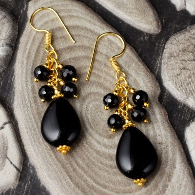 PearlzGallery Pearlzgallery's Black Agate in Coin Shape Earring with Alloy Gold Plated for Women Agate Alloy Drops & Danglers
