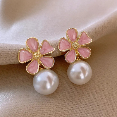 IEEP Korean Earrings for Women and Girls Pink Flower Pearl Drop Earrings for Daily Alloy Stud Earring