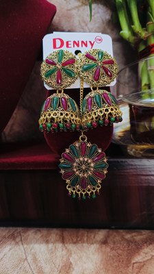 MHASAH Celestial Gold & Maroon Jhumka Earring With Maang Tika Crystal, Pearl Alloy Jhumki Earring, Earring Set