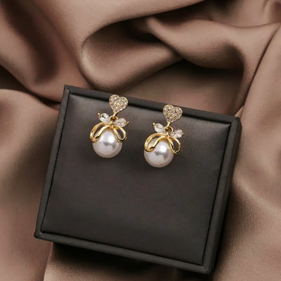 D2Fashion Korean Studded Bow Heart Big Pearl Drop Earrings Pearl Alloy Stud Earring