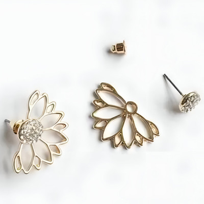 Jewellery Gallery 2 in 1 Floral Style Rose Gold Half Lotus Jacket Korean Earrings for Women Zircon Alloy Rhinestone Studs