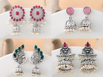 DASTOOR Combo of 4 Pairs Oxidised Silver Jhumka Designer Silver Plated Earrings Set Pearl Alloy Stud Earring